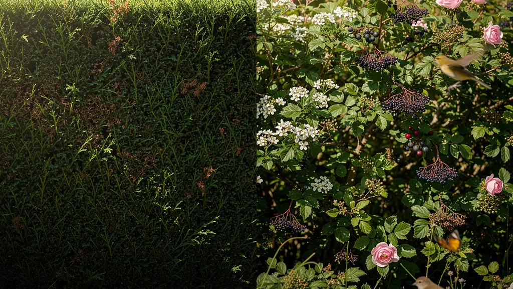 Comparación visual entre un seto de monocultivo uniforme y un seto biodiverso con múltiples especies