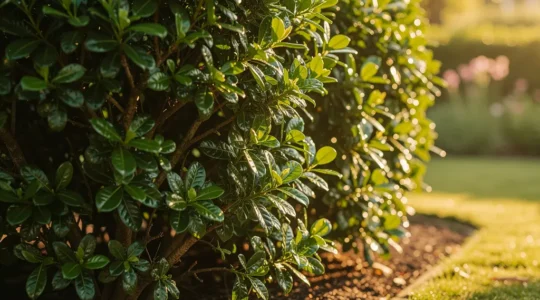 Vista detallada de un seto frondoso y saludable con hojas verdes brillantes en un jardín cuidado