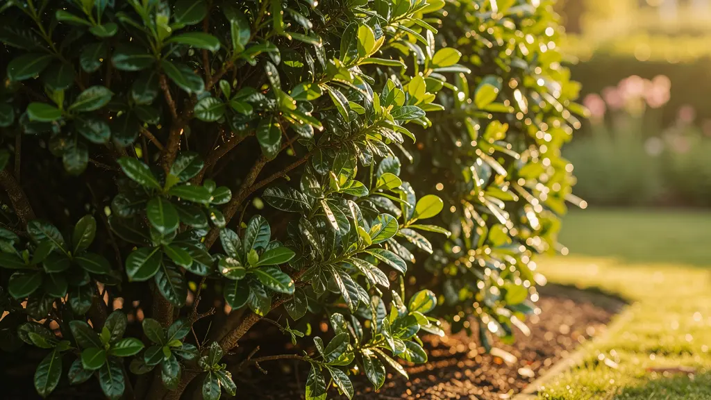 Vista detallada de un seto frondoso y saludable con hojas verdes brillantes en un jardín cuidado