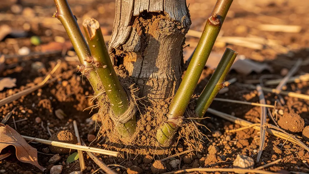 Sierpes vigorosas brotando desde la base de un árbol frutal injertado