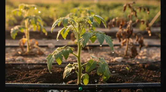 Sistema de riego por goteo en jardín mostrando la distribución eficiente del agua directamente a las raíces de las plantas