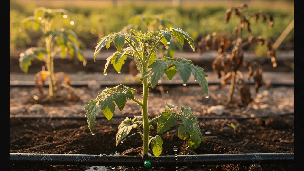 Sistema de riego por goteo en jardín mostrando la distribución eficiente del agua directamente a las raíces de las plantas