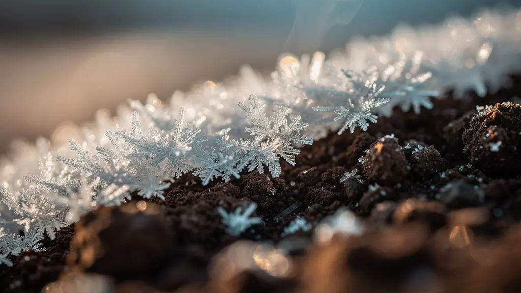 Detalle macro de suelo húmedo con cristales de escarcha en superficie