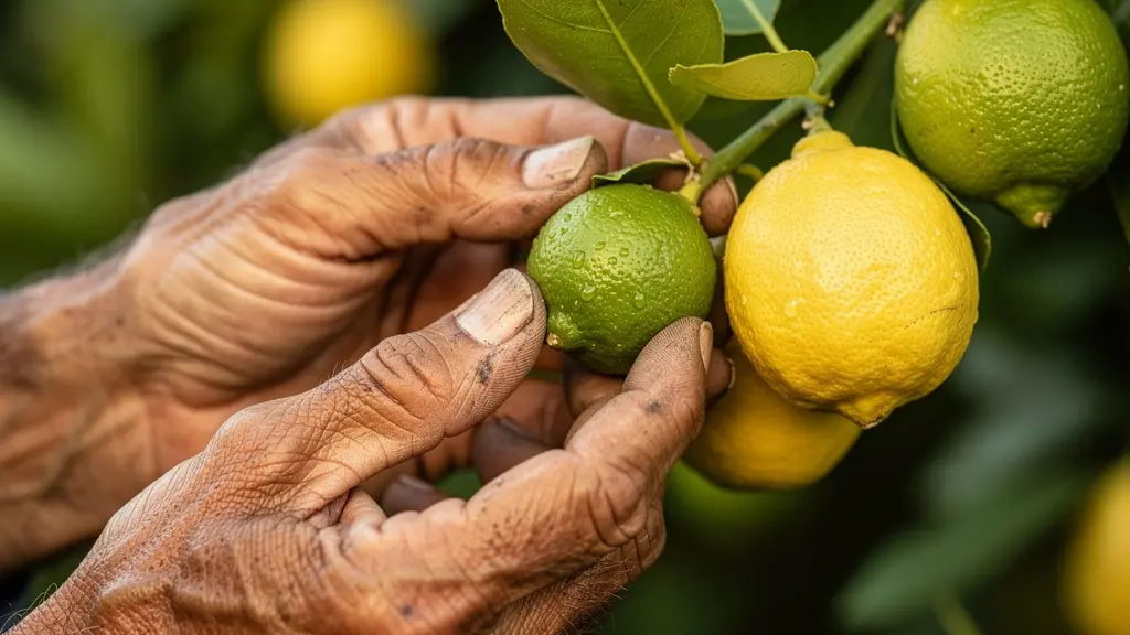 Manos de un agricultor realizando la técnica de aclareo manual en pequeños limones verdes de una rama.