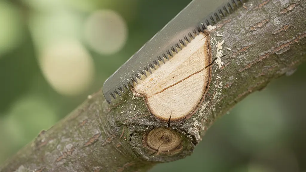 Demostración macro de la técnica de tres cortes en una rama gruesa de árbol