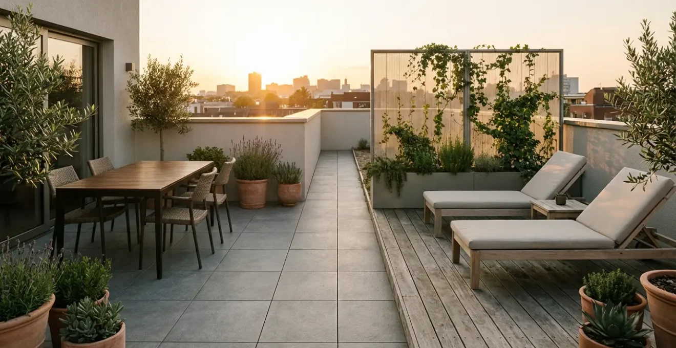 Terraza de 20 metros cuadrados dividida en zona de comedor y solárium con separación visual armoniosa