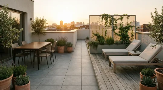 Terraza de 20 metros cuadrados dividida en zona de comedor y solárium con separación visual armoniosa