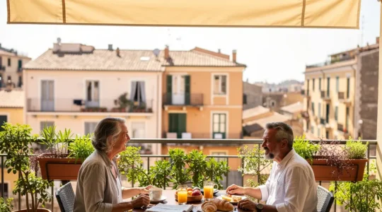 Pareja desayunando en terraza protegida por toldo logia beige con vista urbana mediterránea
