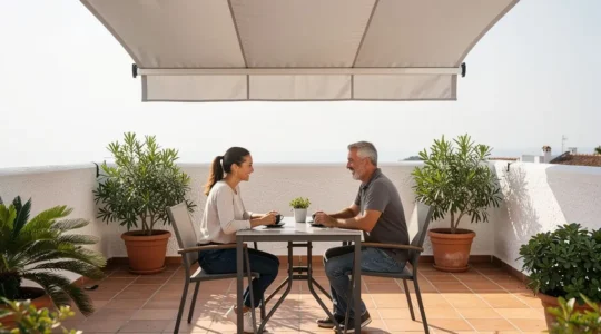 Terraza mediterránea con toldo monobloc desplegado protegiendo zona de desayuno exterior