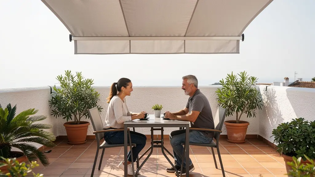 Terraza mediterránea con toldo monobloc desplegado protegiendo zona de desayuno exterior