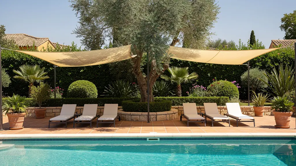 Toldo dos aguas proporcionando sombra sobre zona de descanso junto a piscina