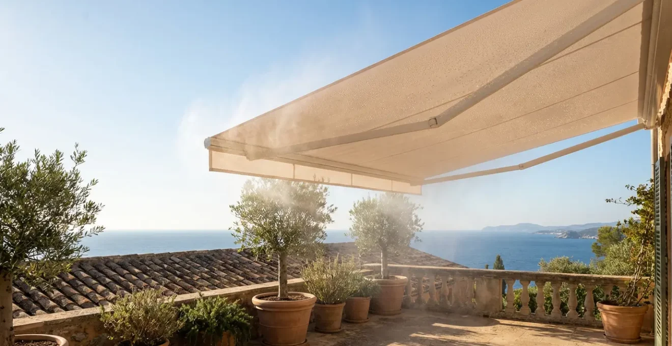 Toldo extendido en terraza mediterránea secándose con la luz suave de la mañana