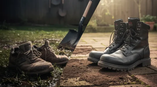 Contraste entre zapatillas deportivas desgastadas y botas de seguridad profesionales en un entorno de jardín