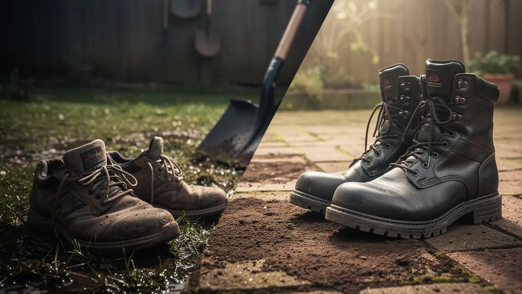Contraste entre zapatillas deportivas desgastadas y botas de seguridad profesionales en un entorno de jardín